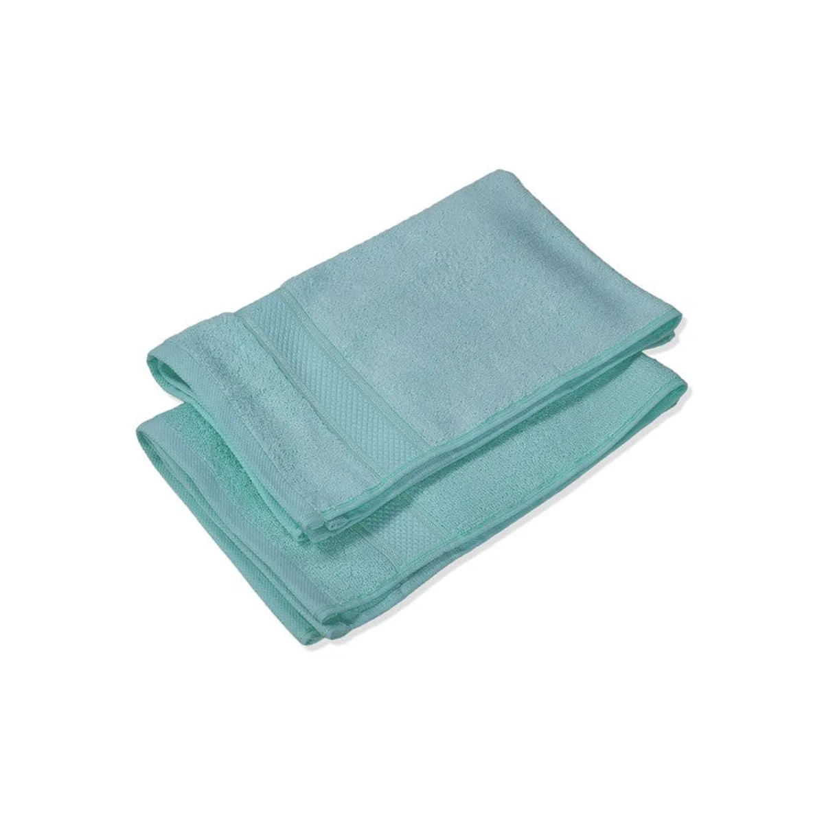 Two folded sea-green hand towels stacked against a white background