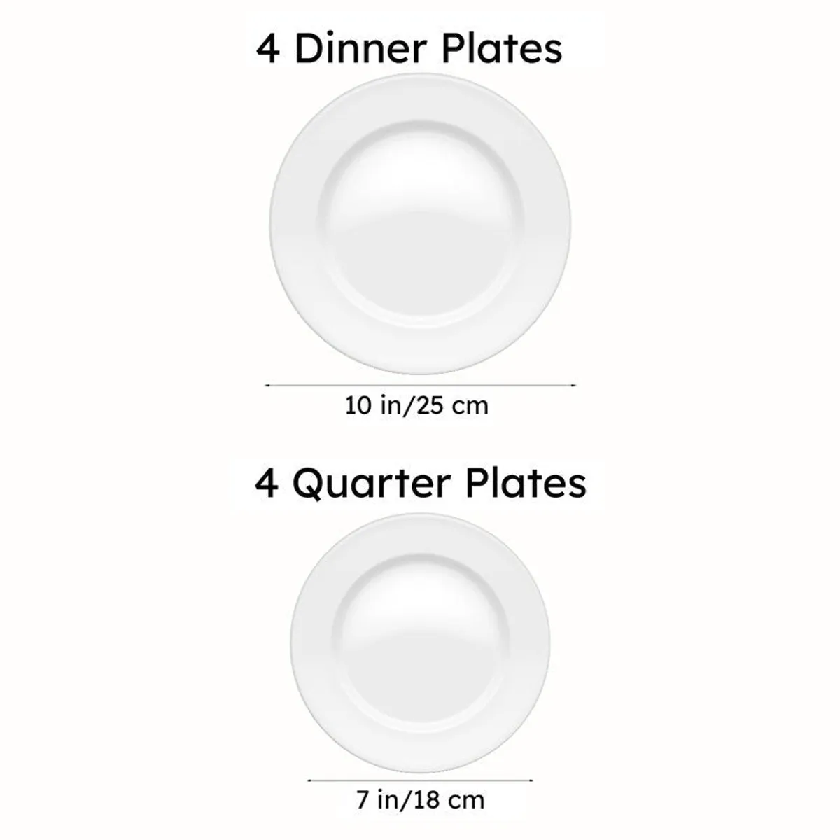 White diagrams showing the round dinner and quarter plate shapes