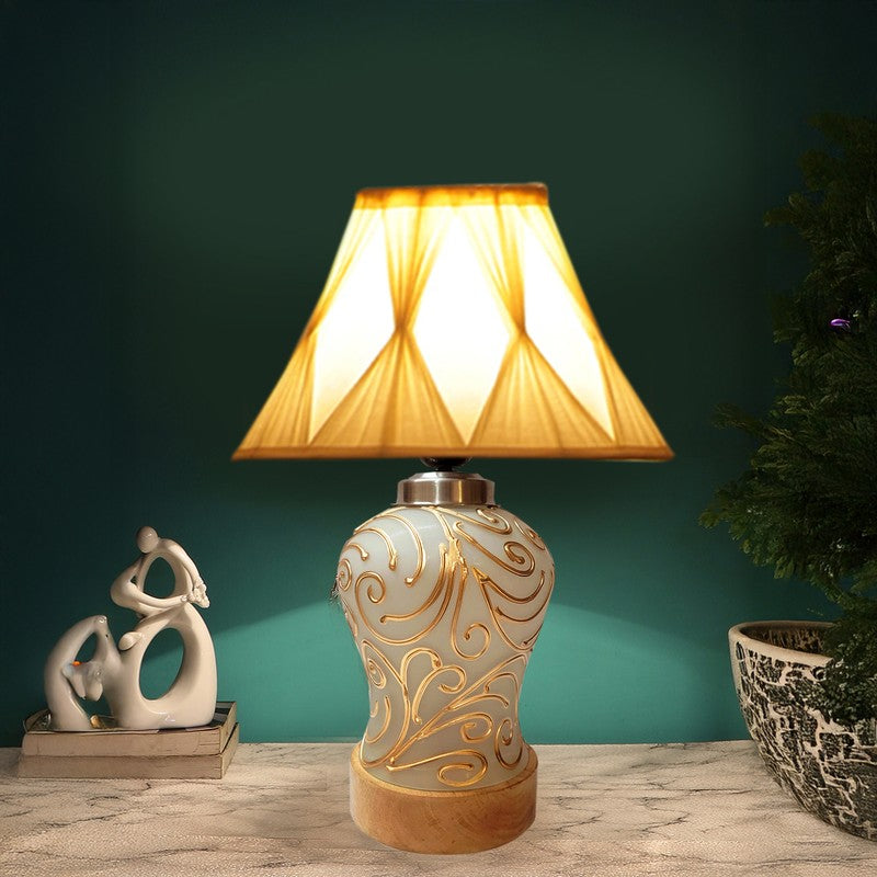 Lumithra Smocked Wooden Table Lamp - OffWhite