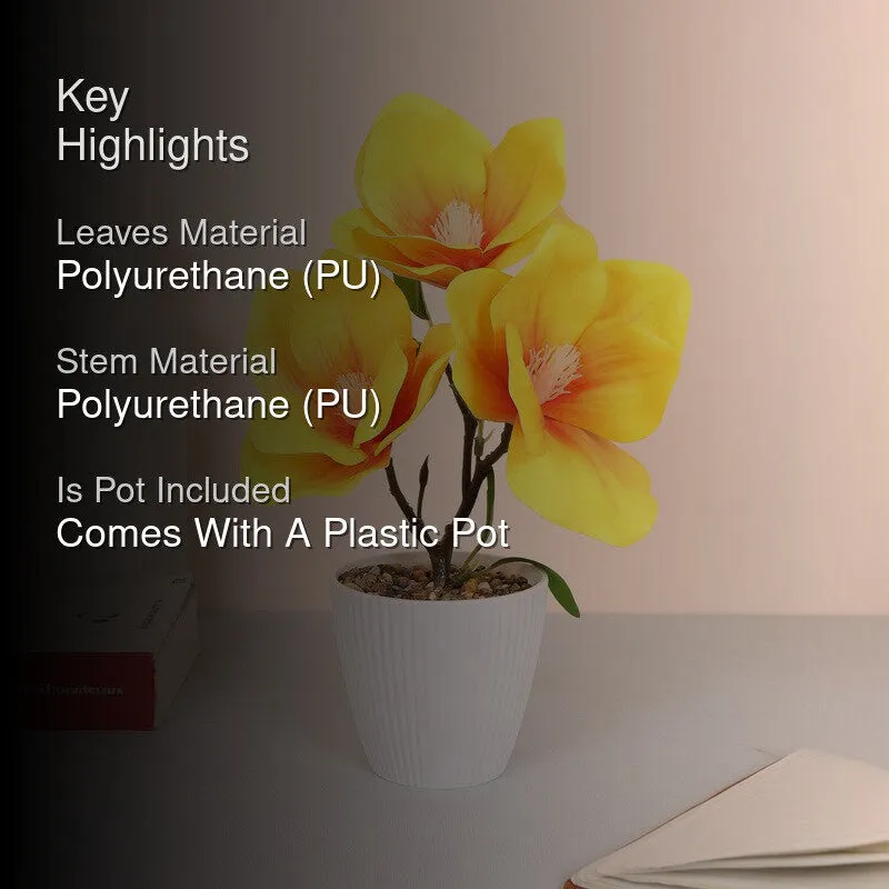 Yellow artificial flower plant with material and pot highlights