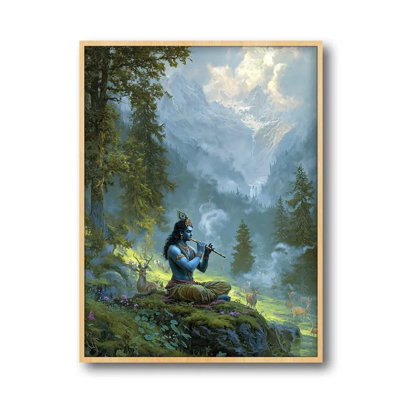 Vrindavan Bihari Lord Krishna Playing Fluit III Archival Paper Wall Art - Natural Brown Frame media 5