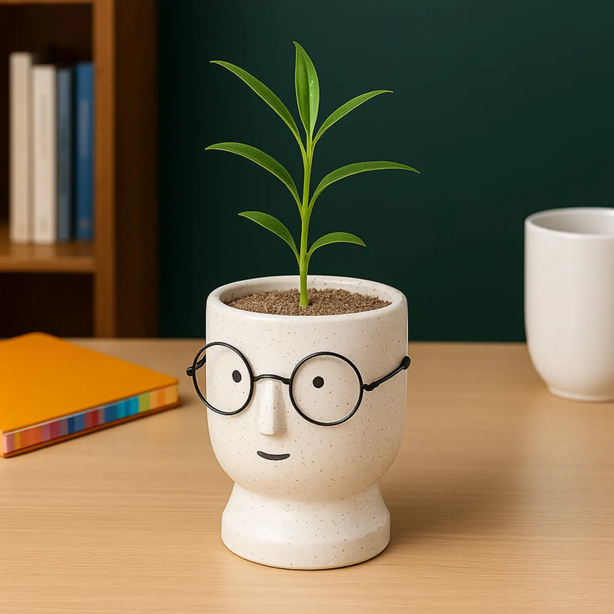 White face planter with black glasses holding a small green plant