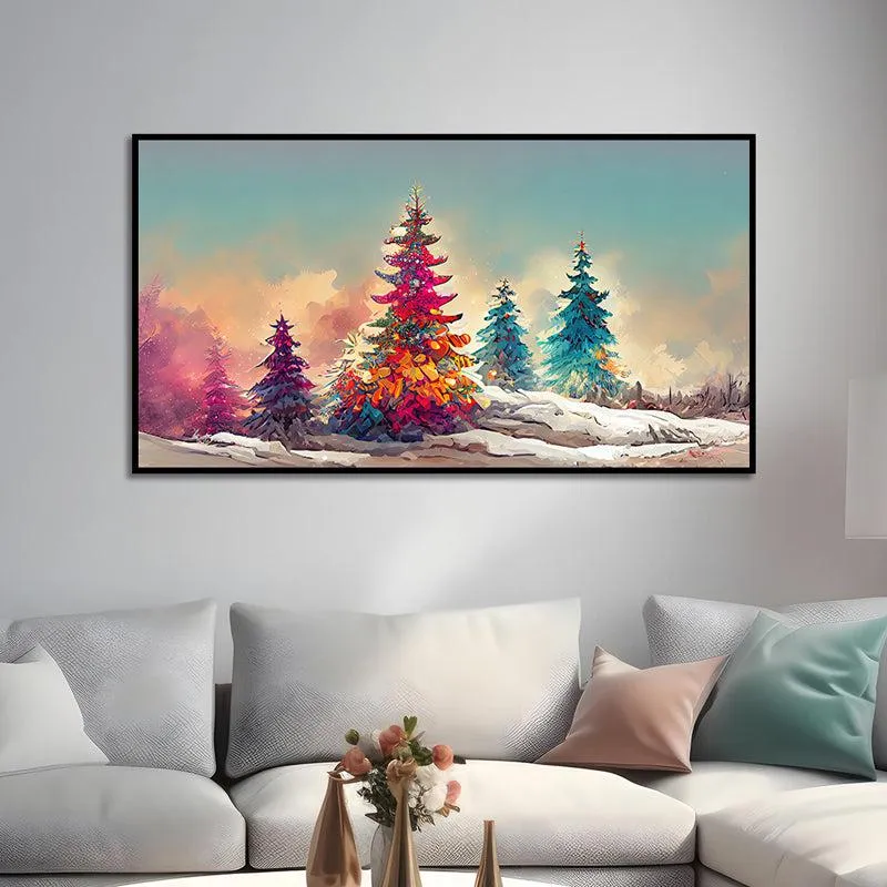 Kaleidoscopic Fir Trees Floral Canvas Wall Painting With Frame - Black media 1
