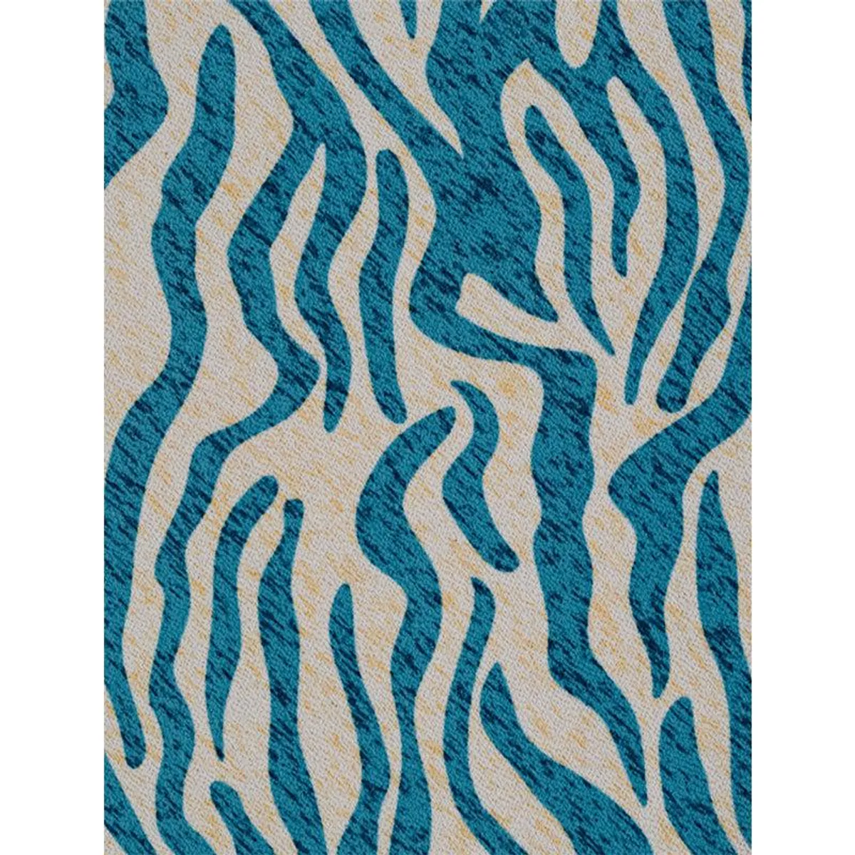 Close-up of the carpet's blue and beige abstract pattern