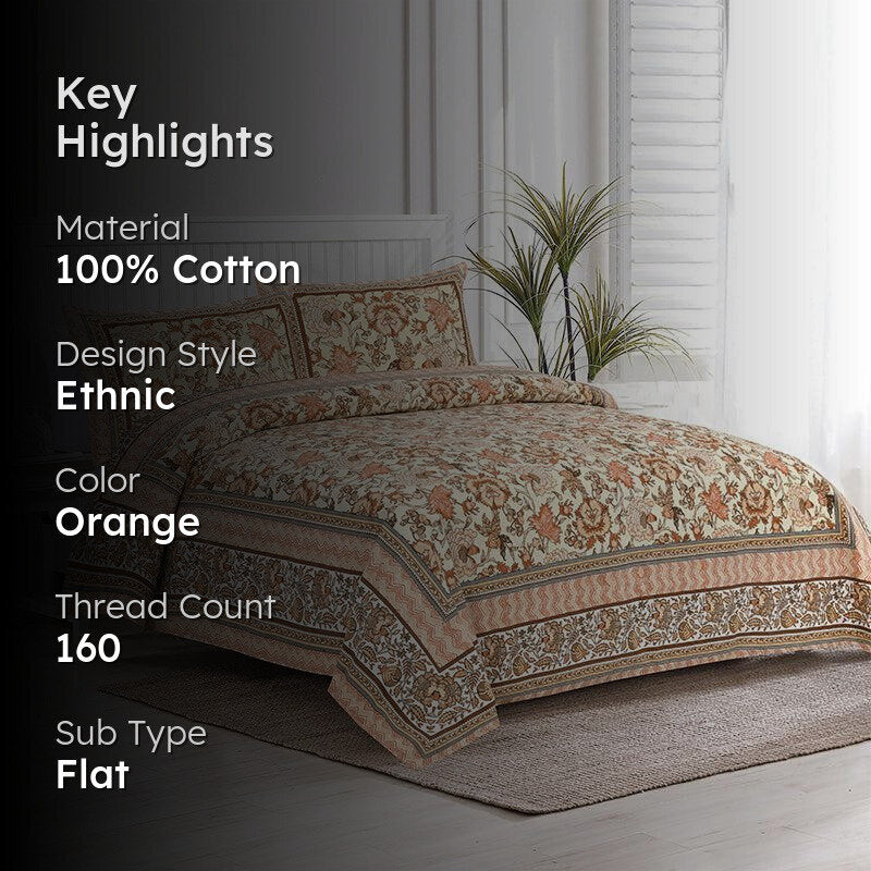 Yukta Printed  Cotton Bedsheet (Orange) - 160 TC media 2