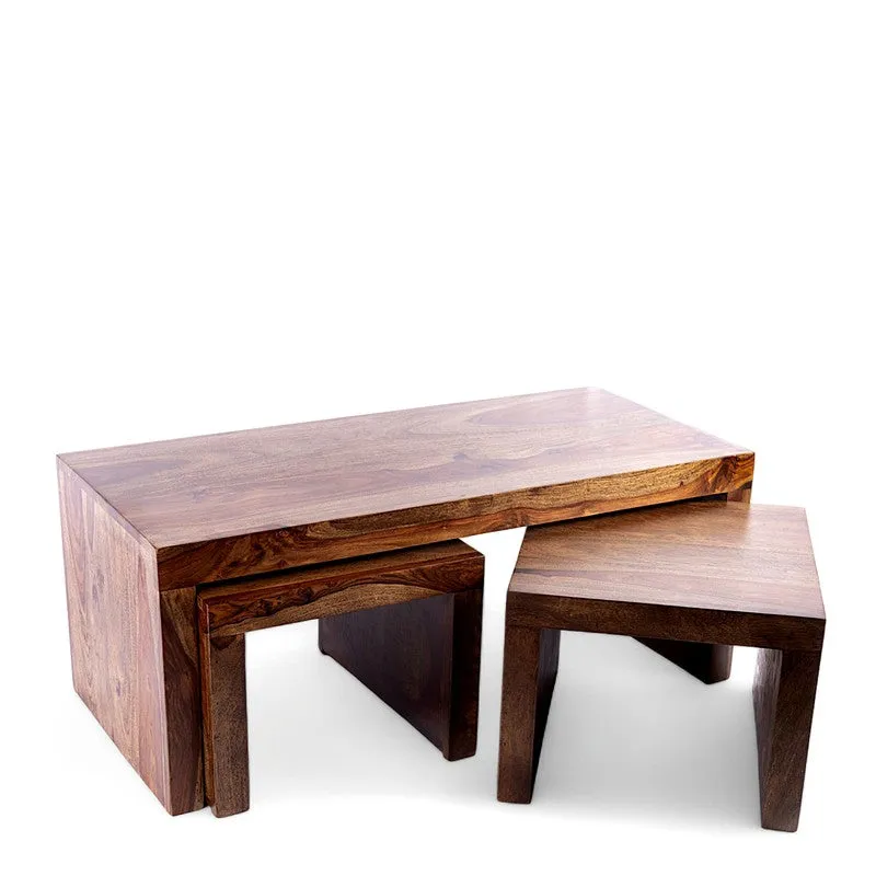 Davenox Sheesham Wooden Center Table with Stools (Brown) - Three Piece Set media 4