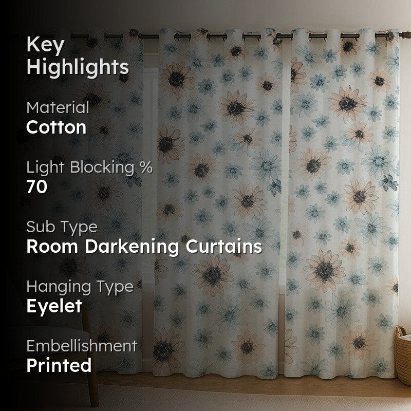 FloriBelle Cotton Curtains (peach, Blue) - Set Of Three media 2