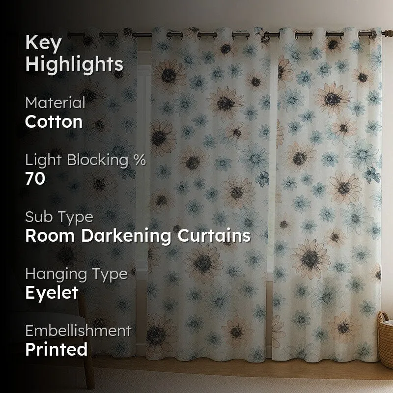 FloriBelle Cotton Curtains Peach and Blue cotton room-darkening curtain, styled room view