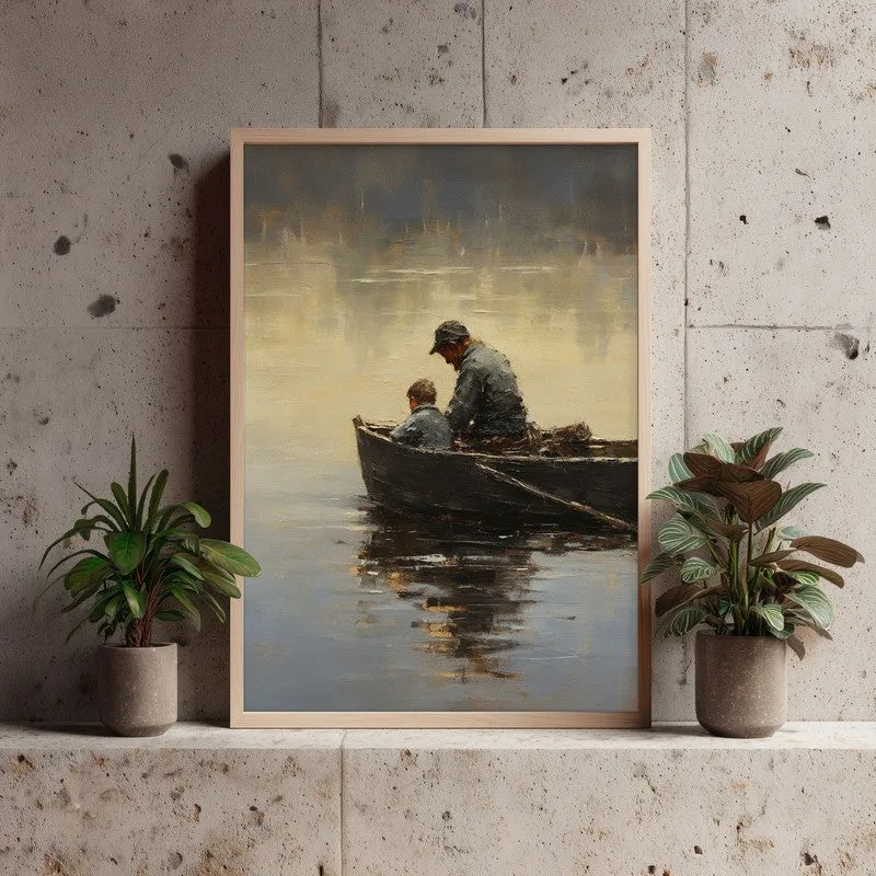 Rectangular framed artwork with a muted scenery scene placed against a stone wall