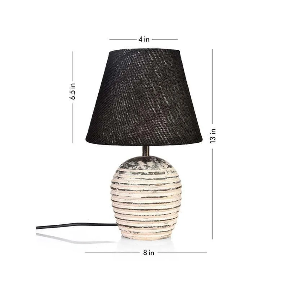 Table lamp with black shade and ribbed beige base shown with dimensions on white background