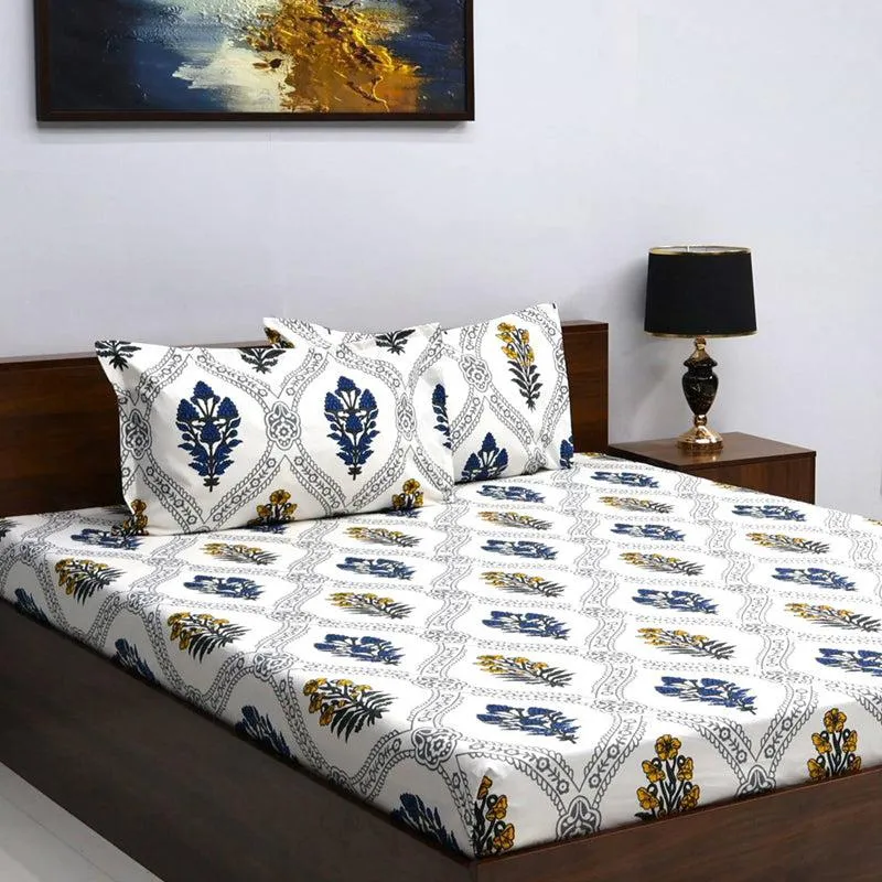 Chavvi Ethnic Microfiber Bedsheet (White & Blue) - 120 GSM media 3