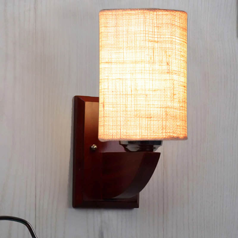 Ecru Cylindrical Wooden Wall Lamp