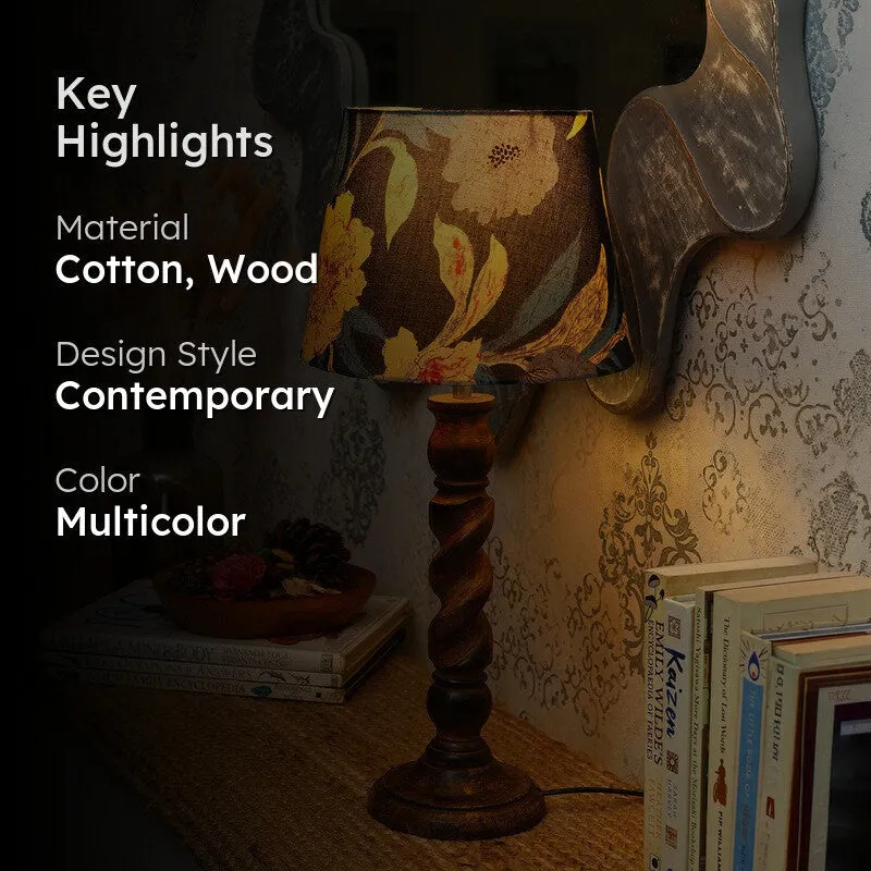 Nocturne Floral Wooden Base Cotton Table Lamp - Multicolor media 2