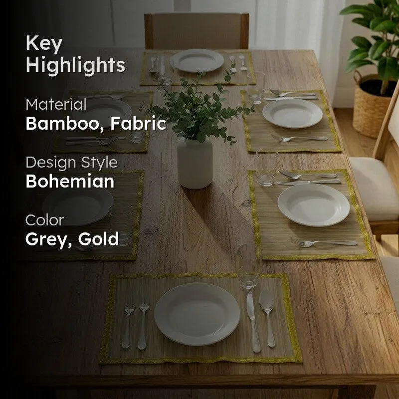 Dining table arrangement displaying beige-grey rectangular table mats