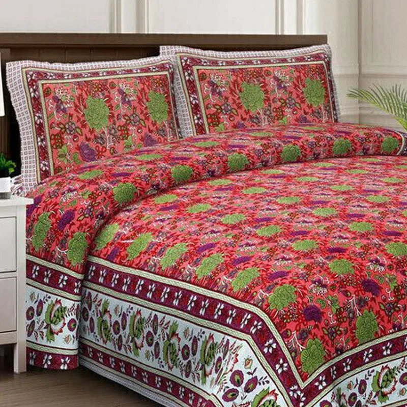 Florael Cotton Bedsheet (Red,Green) - 240 TC media 4