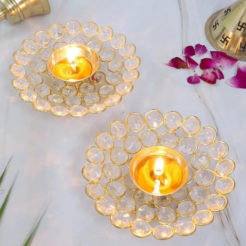 Jaali Crystal Brass Diya - Set Of Two media 1
