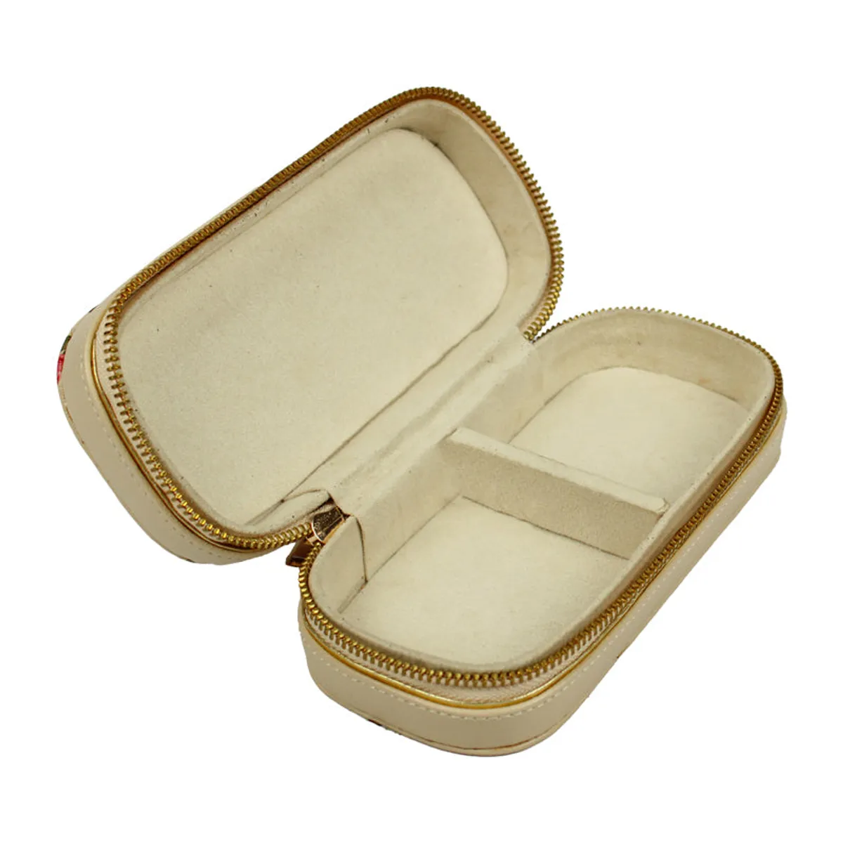 Open floral jewel box viewed at an angle with ivory-lined storage sections