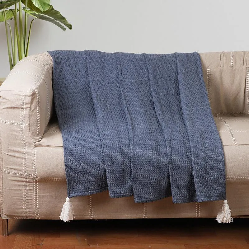 Cotton Meadow Knitted Tassled Throw - Blue media 1