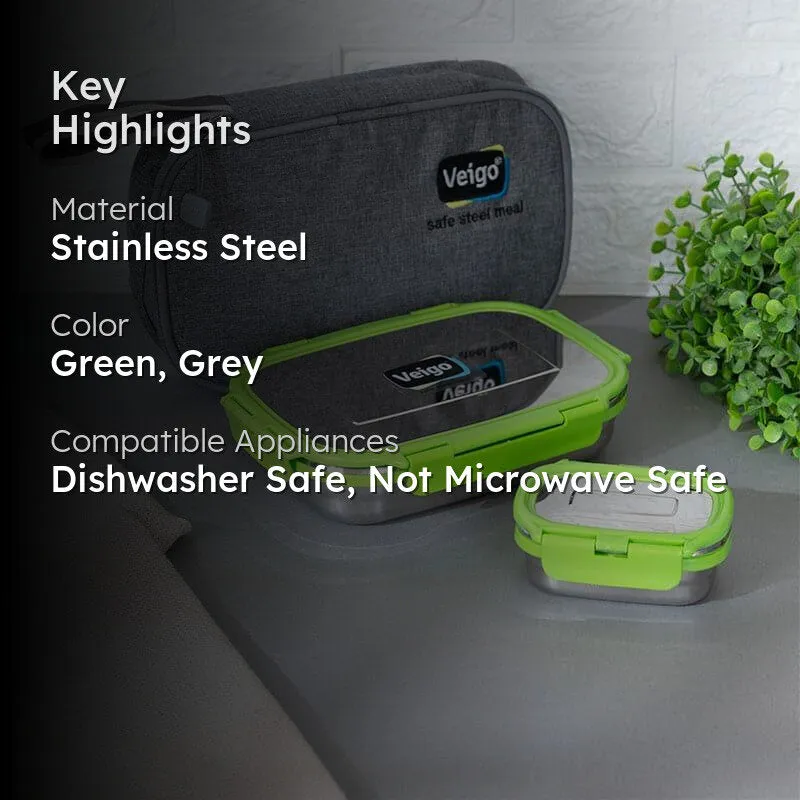 Delico Pack Parrot Green Lunch Box With Insulated Pouch (775 mL /150 mL) - Three Piece Set media 2