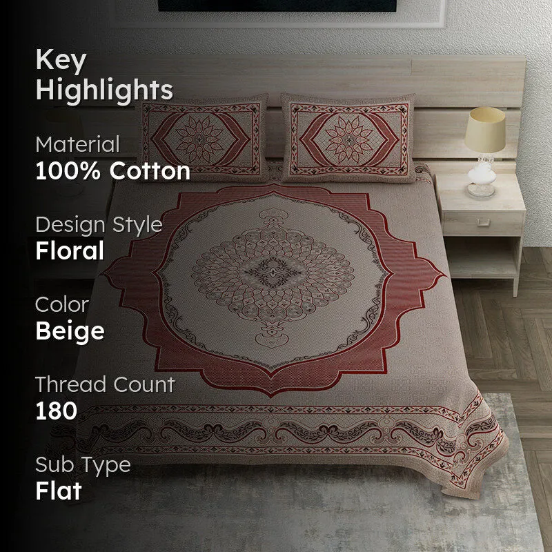 Printed bedsheet on a bed with highlight text overlay