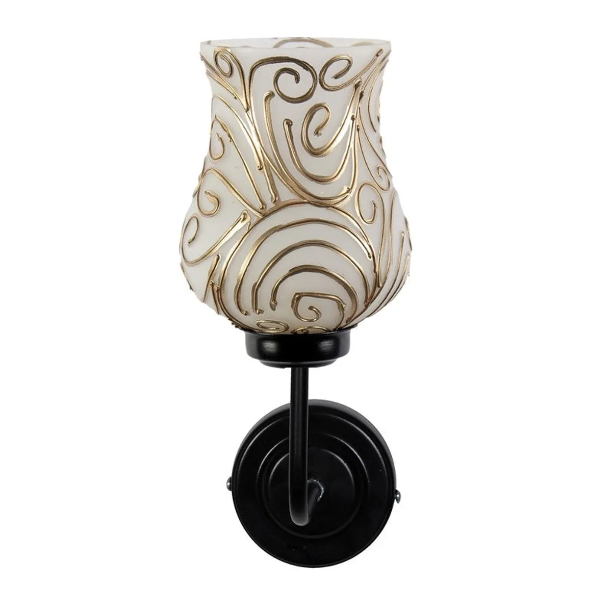 Front view of wall lamp with white glass shade and black base