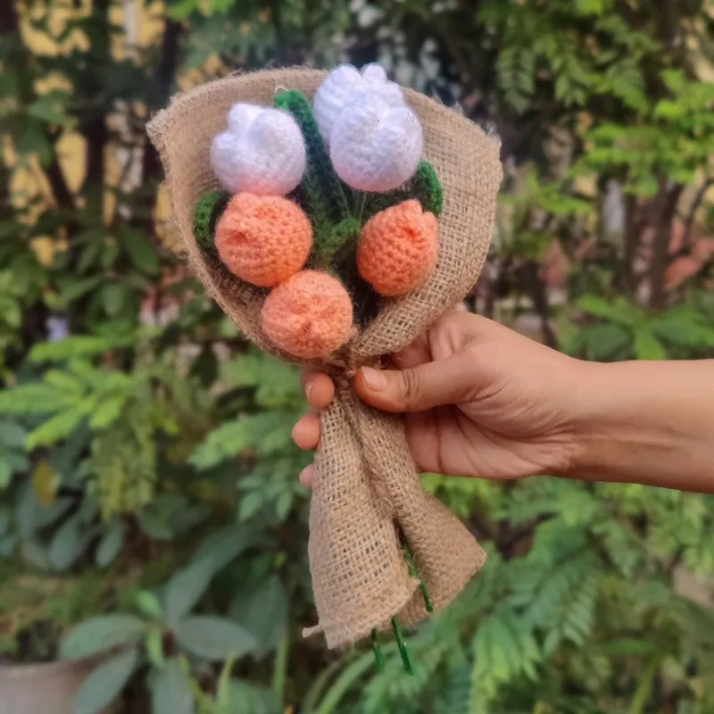 Crochet Handmade Rose Bouquet (White,Peach) - Set Of Six media 1
