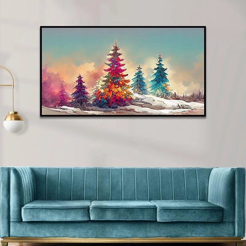 Kaleidoscopic Fir Trees Floral Canvas Wall Painting With Frame - Black media 3
