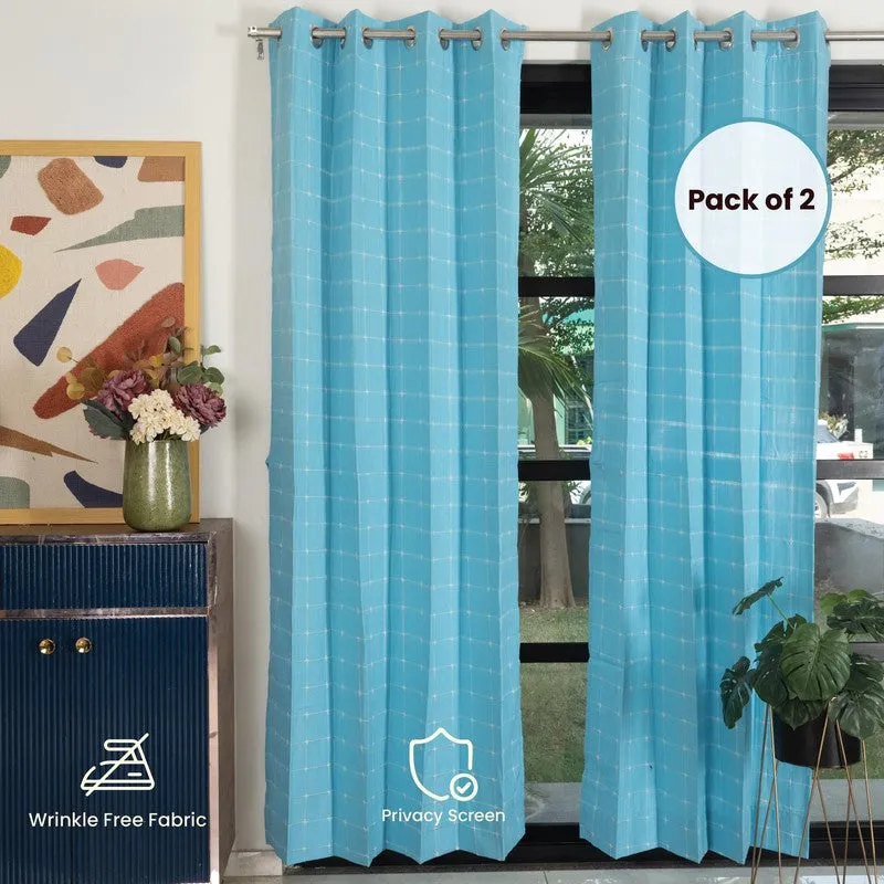 Pixel Checks Cotton Curtain - Light Blue media 6
