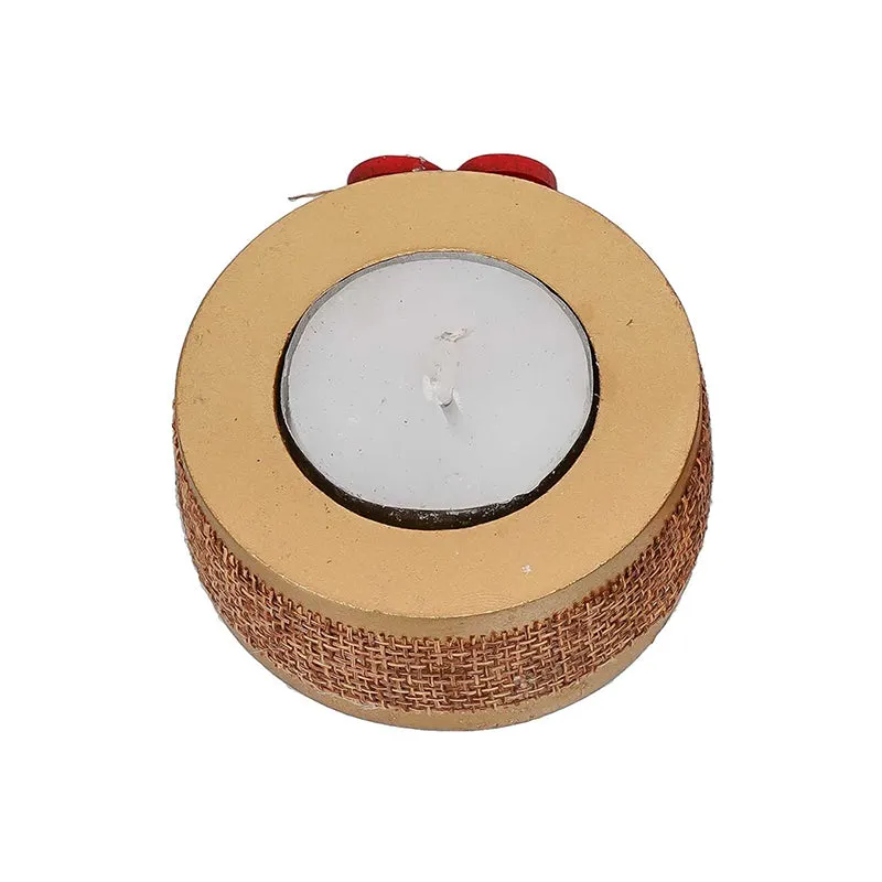 Top view of a round tea light holder with a textured brown outer band