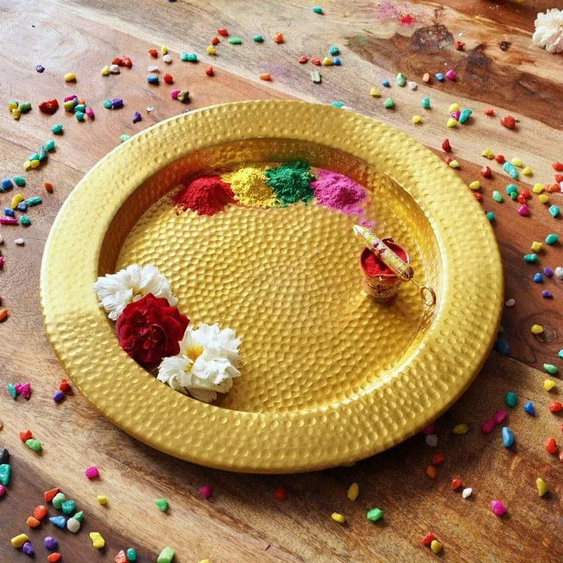 Dunery Hammered Aluminum Pooja Thali - Gold media 1