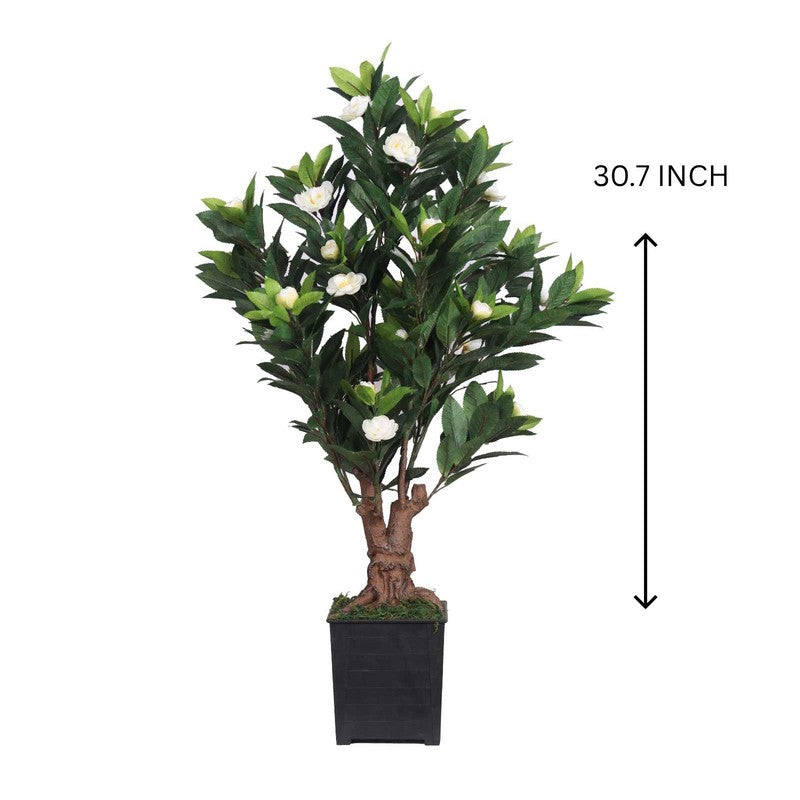Artificial White Camelia Rose Plant With Black Fiber Pot - 2.6 Feet media 5