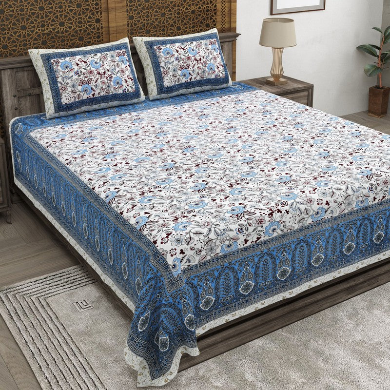 Weavely Cotton Bedsheet (White,Blue) - 240 TC