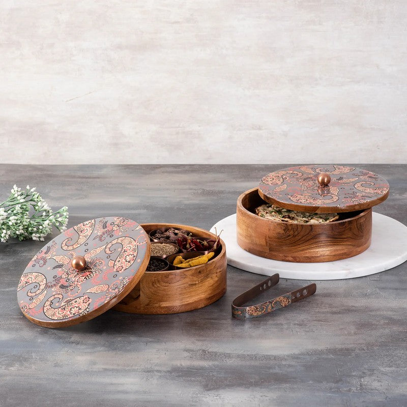 Clayra Teak Wood Round Masala Box - Three Piece Set - 40 ML