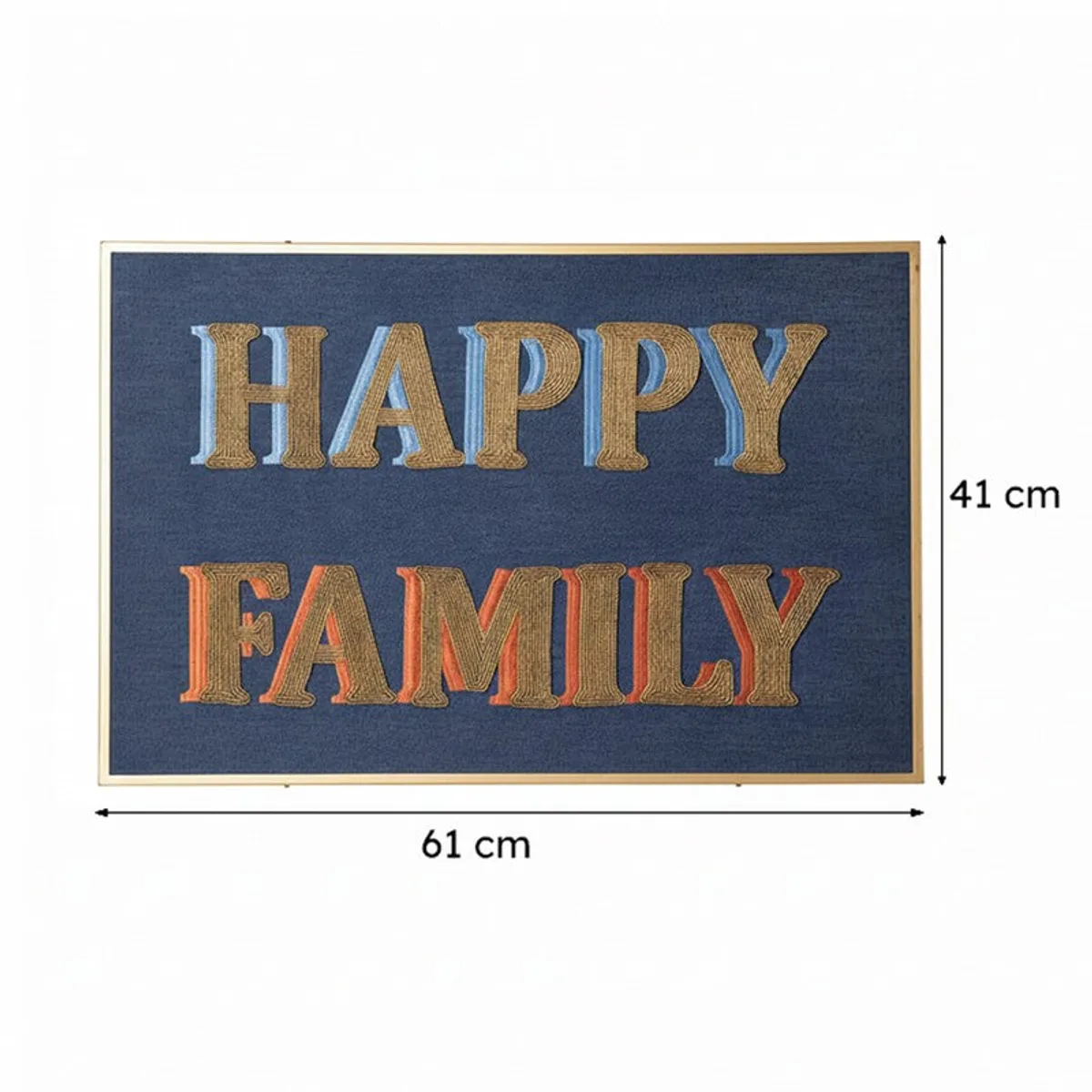 Rectangular blue wall accent with colourful lettering shown against a plain background.