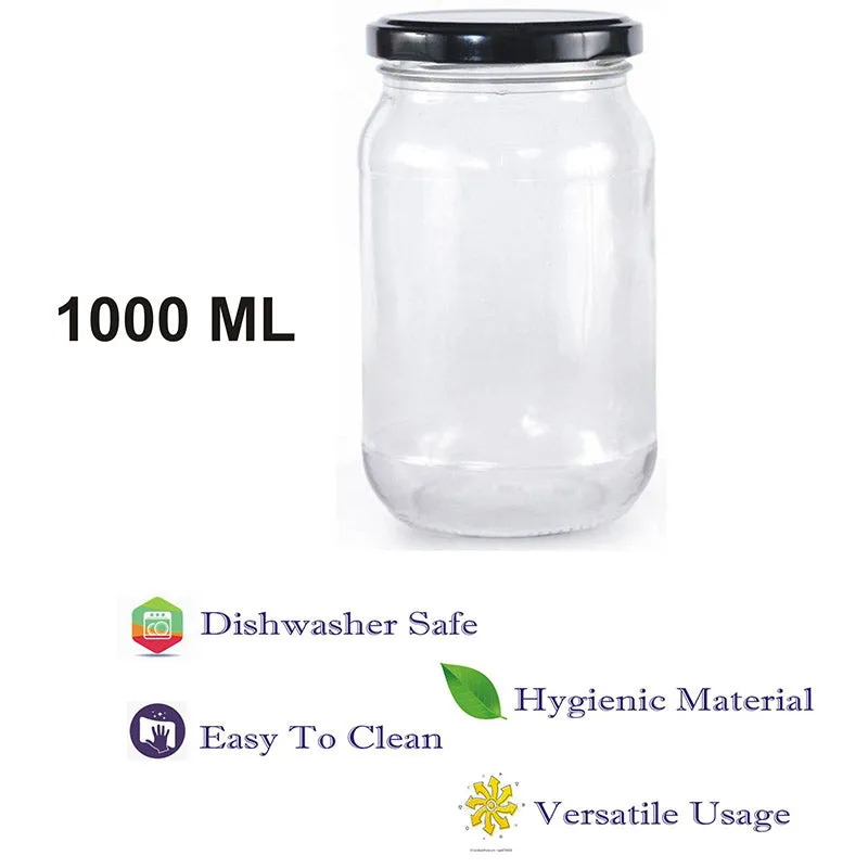 Single transparent 1000 mL glass storage jar with dark lid