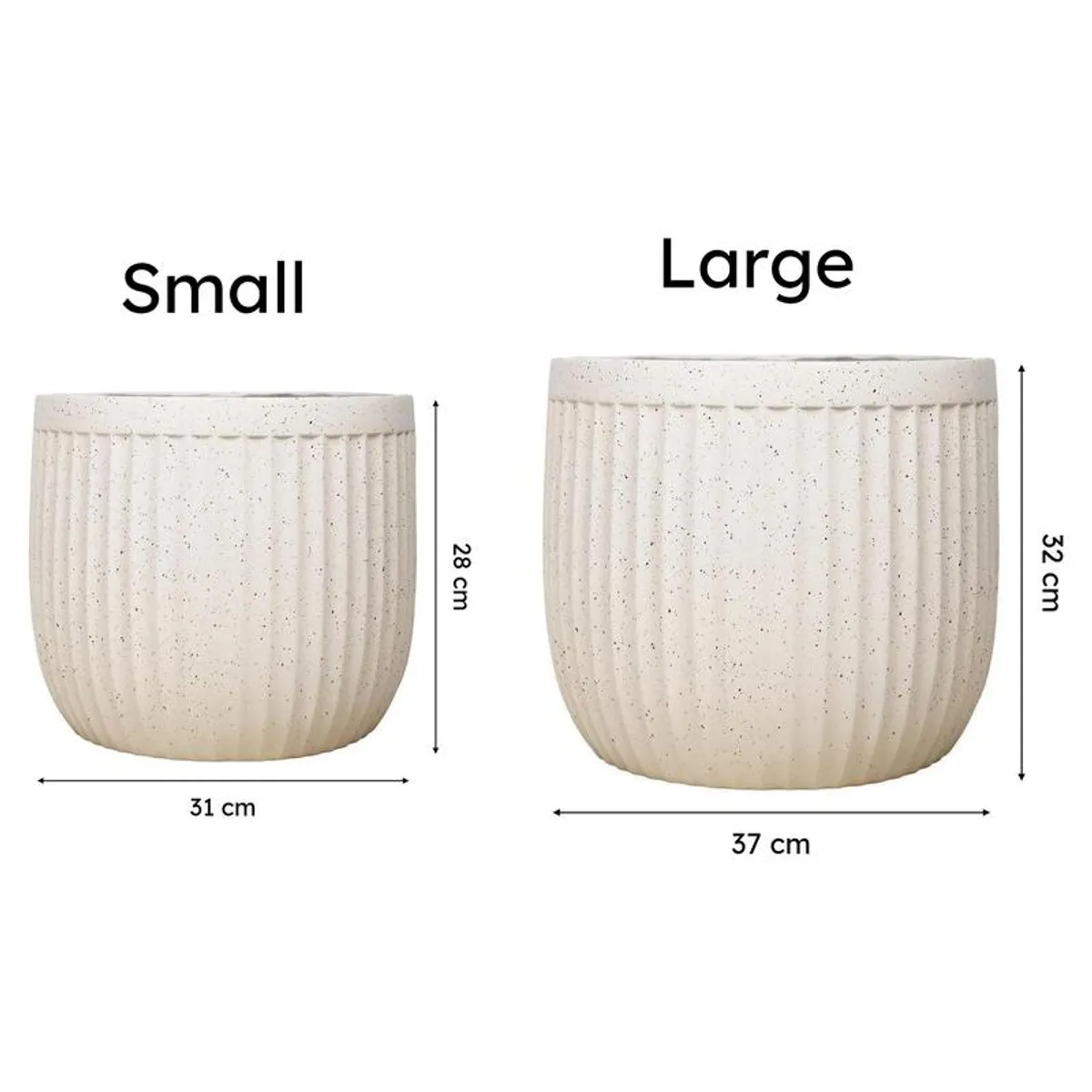 Side-by-side Small and Large off-white planters with visible size comparison.