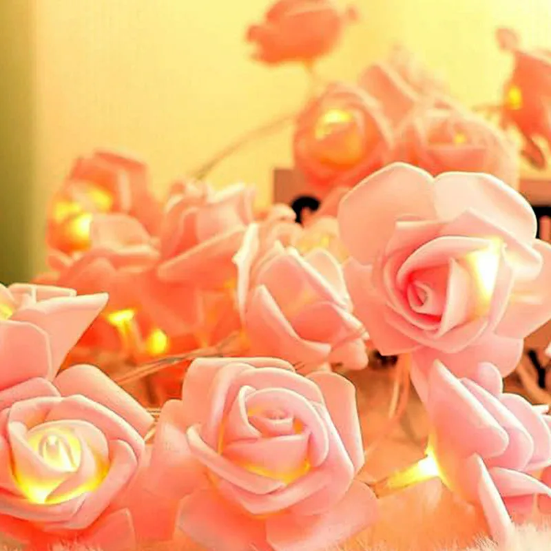 Close-up of illuminated pale pink rose string lights