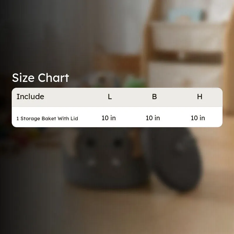 Grey elephant storage basket with lid shown behind a size chart overlay