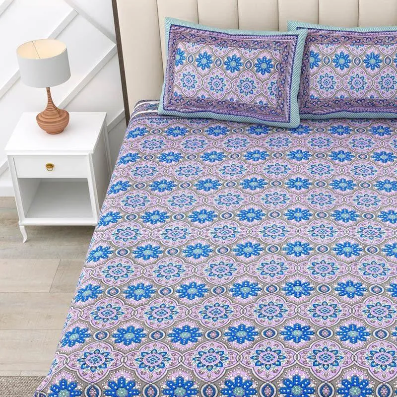 Sakaris Floral Cotton Bedsheet (Blue) - 144 TC media 3