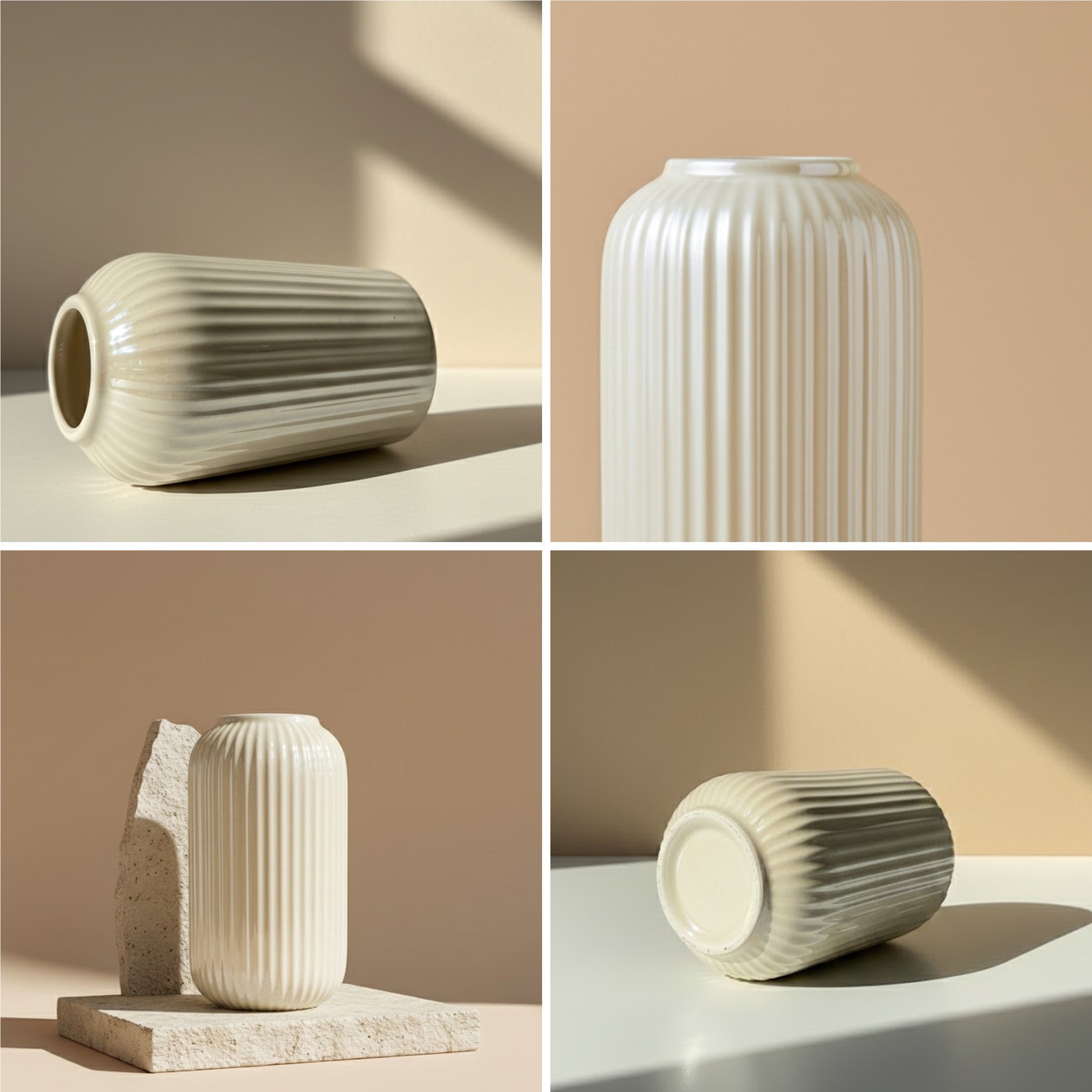 Opulent Ribbed Ceramic Vase - Beige media 9