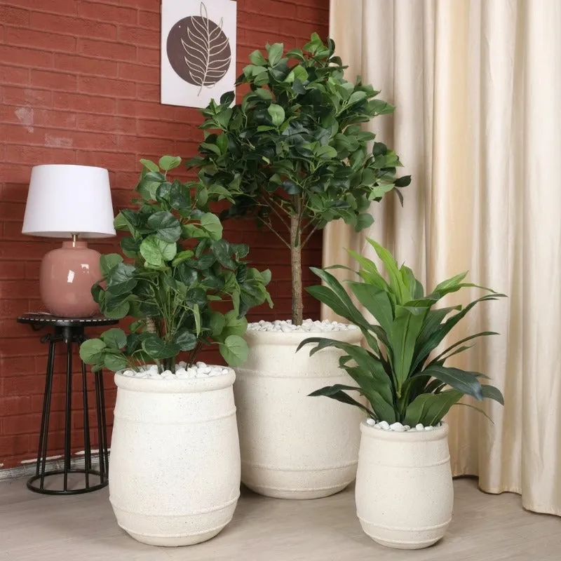 Three off-white planters in different sizes styled together with indoor plants