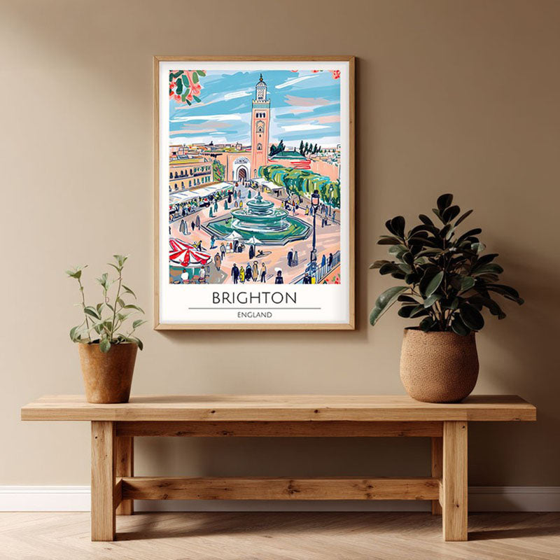 Vintage Brighton Framed Canvas Archival Canvas Wall Painting - Natural Brown Frame
