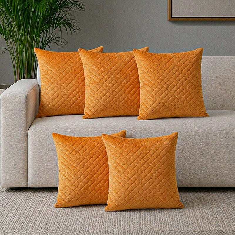 Orson Quilted Velvet Cushion Cover (Orange) - Set Of Five - 16 x 16 Inches