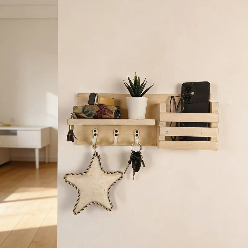 Ananta Wooden Wall Shelf Organiser with Key Holders media 1