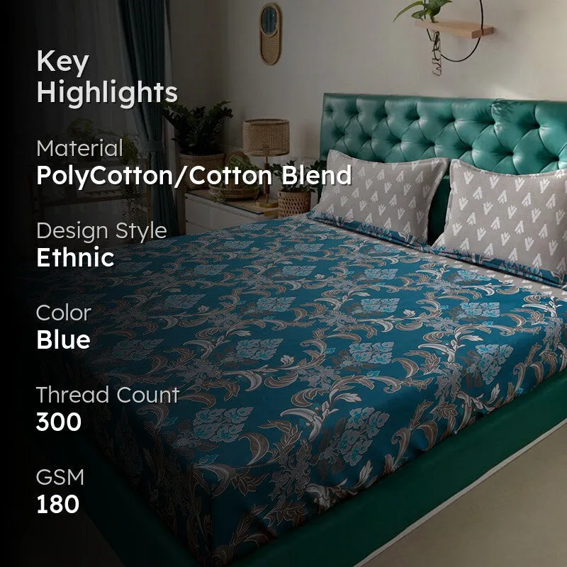 Blue patterned bedsheet on bed with text overlay showing key highlights