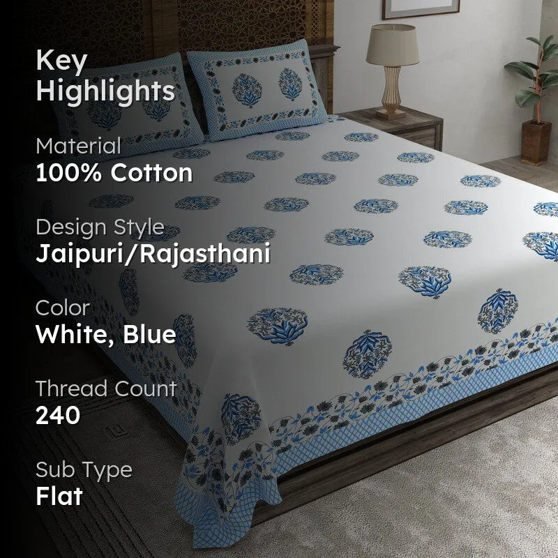 Rangen Cotton Bedsheet (White,Blue) - 240 TC media 2