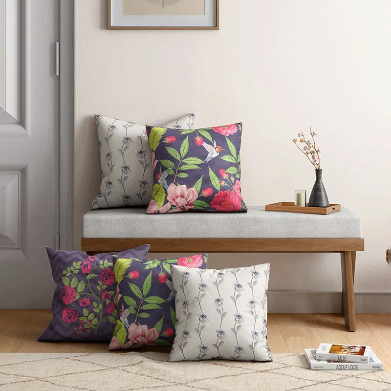 India Circus Whispering Verdure Printed Velvet Cushion Cover - Set Of Five media 1