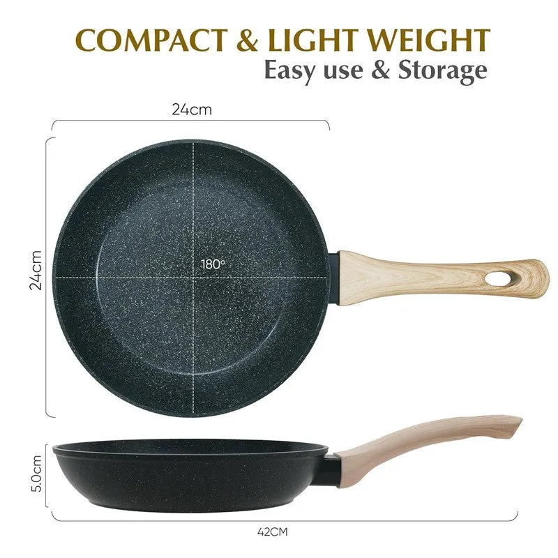 Top and side views of a black frying pan with a single handle