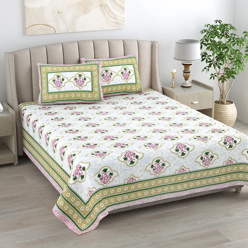 Ishani Cotton Bedsheet (Mustard, Pink) - 180 TC media 1