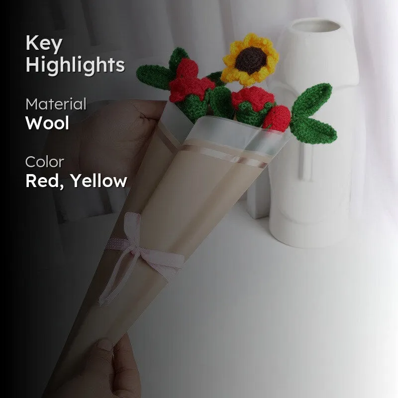 Crochet Handmade Rose & Sunflower Bouquet (Yellow,Red) - Set Of Five media 2